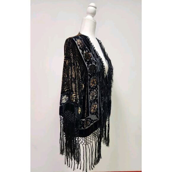 Vtg Aris A Piano Fringe Velvet Burnout Dramatic Open Jacket Black & Amber OS - Picture 2 of 10